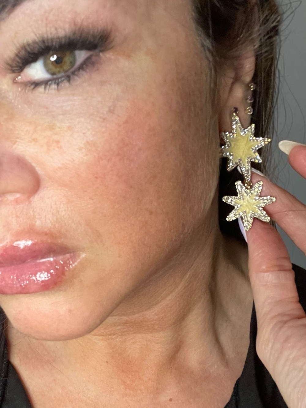 Gold Tone Double Starburst Crystal Enamel Dangle Earrings